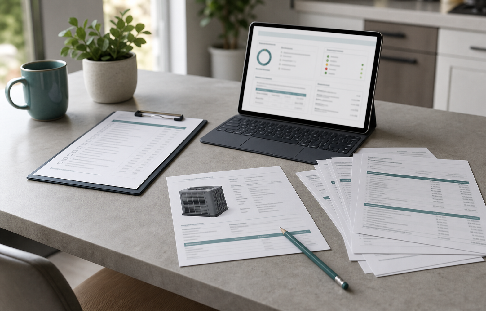 HVAC quote, report notes, and permit checklist on a desk